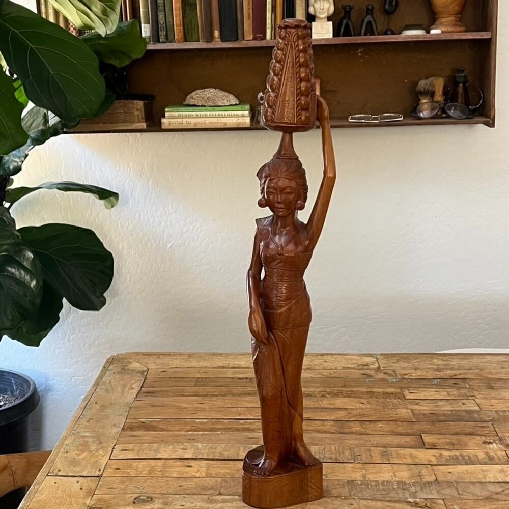 Balinese Hand Carved Solid Wood Sculpture Woman With Basket 24"
